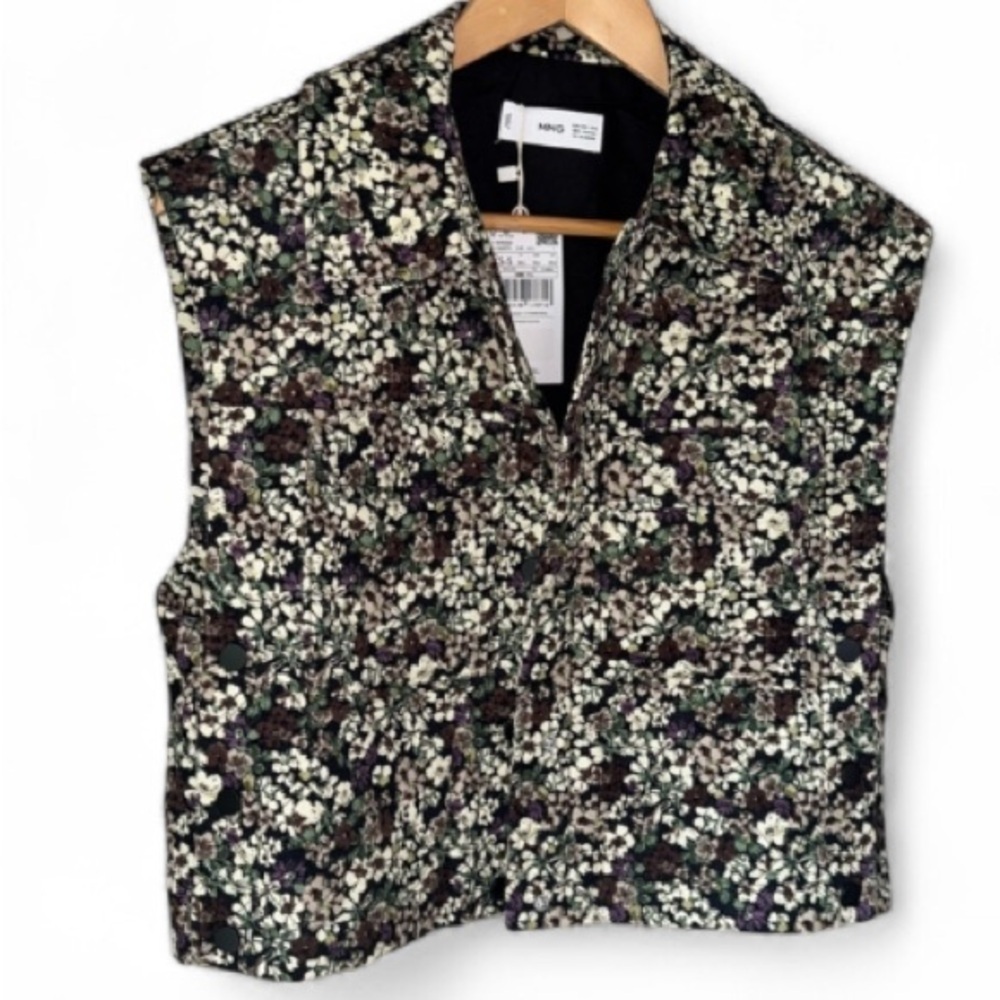 Mango vest Boxy floral corduroy XS Small NEW quilted pocket snap detail